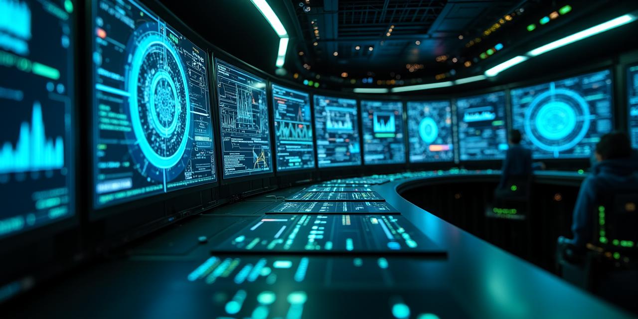 Futuristic high-tech data control center with glowing AI visualizations