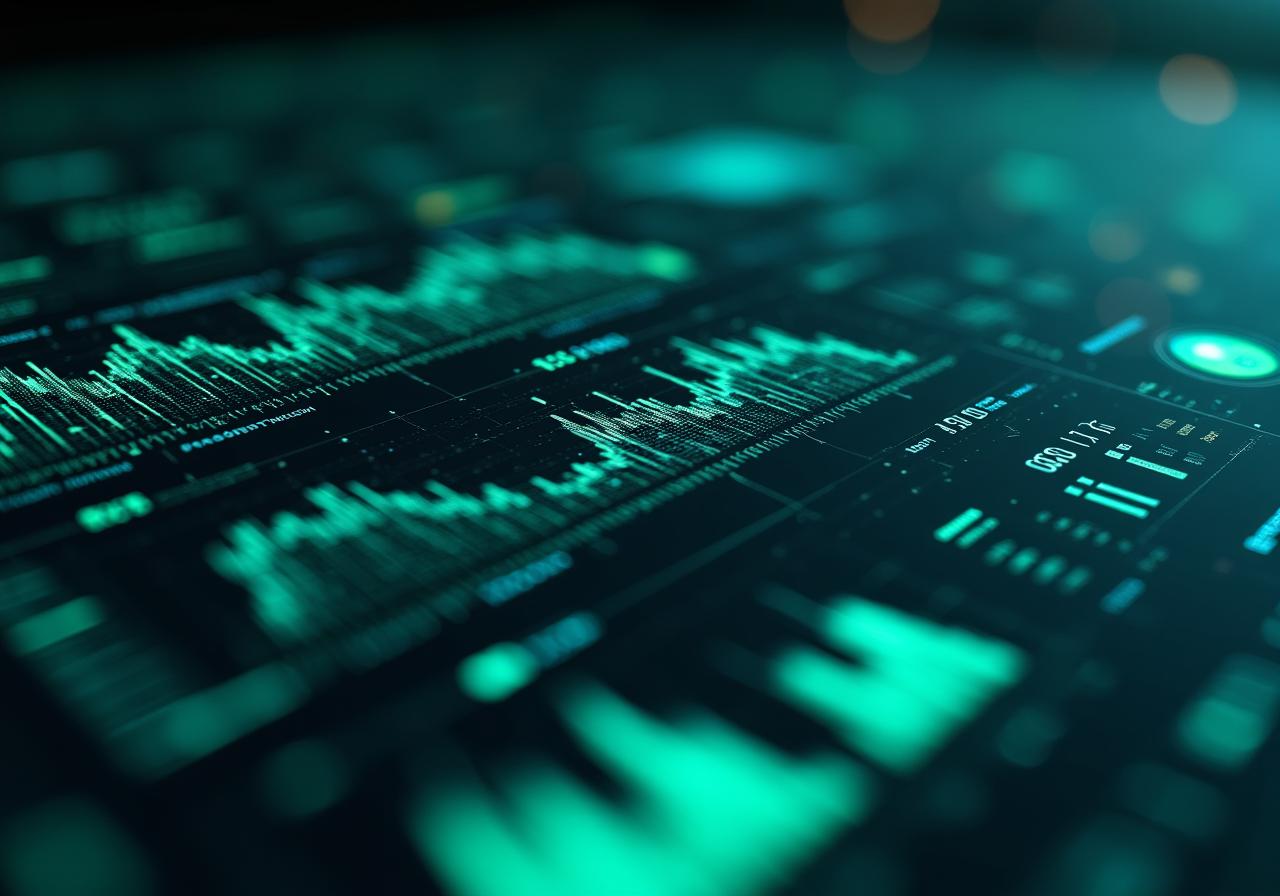 Abstract AI-driven data visualization dashboard showing real-time metrics and growth charts